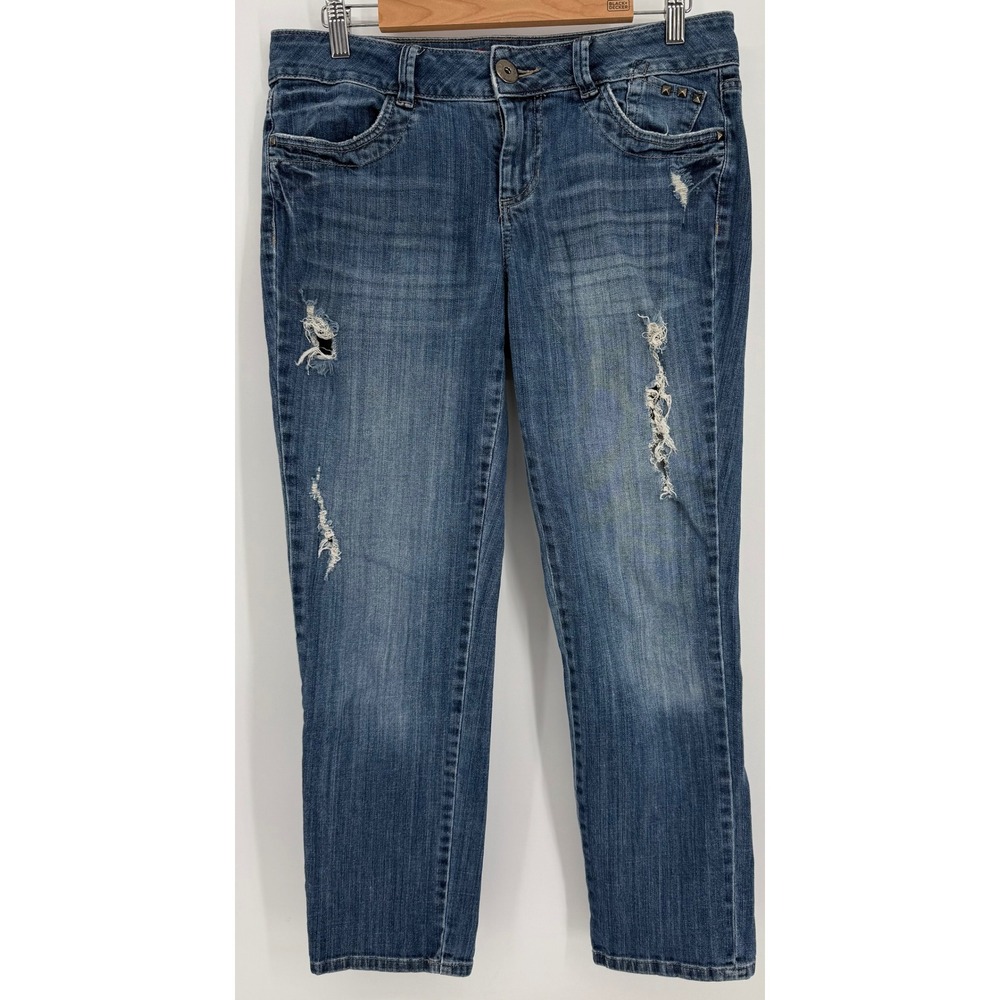 BKE Distressed Straight Leg Jeans Medium Wash Studded Cropped Sz 10